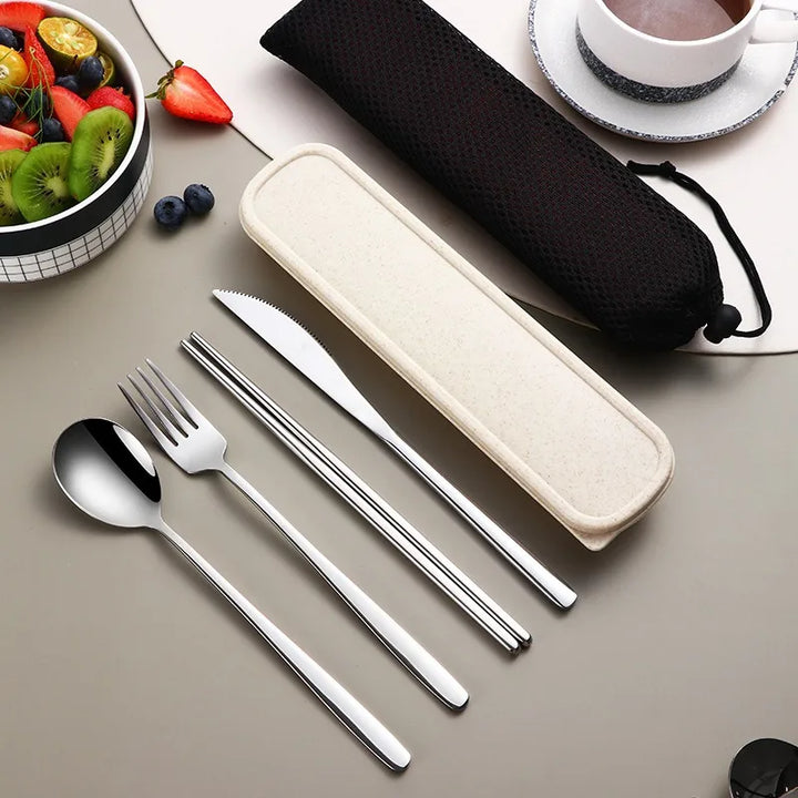 304 Stainless Steel 4-Piece Cutlery Set – Portable Knife, Fork, Spoon & Chopsticks
