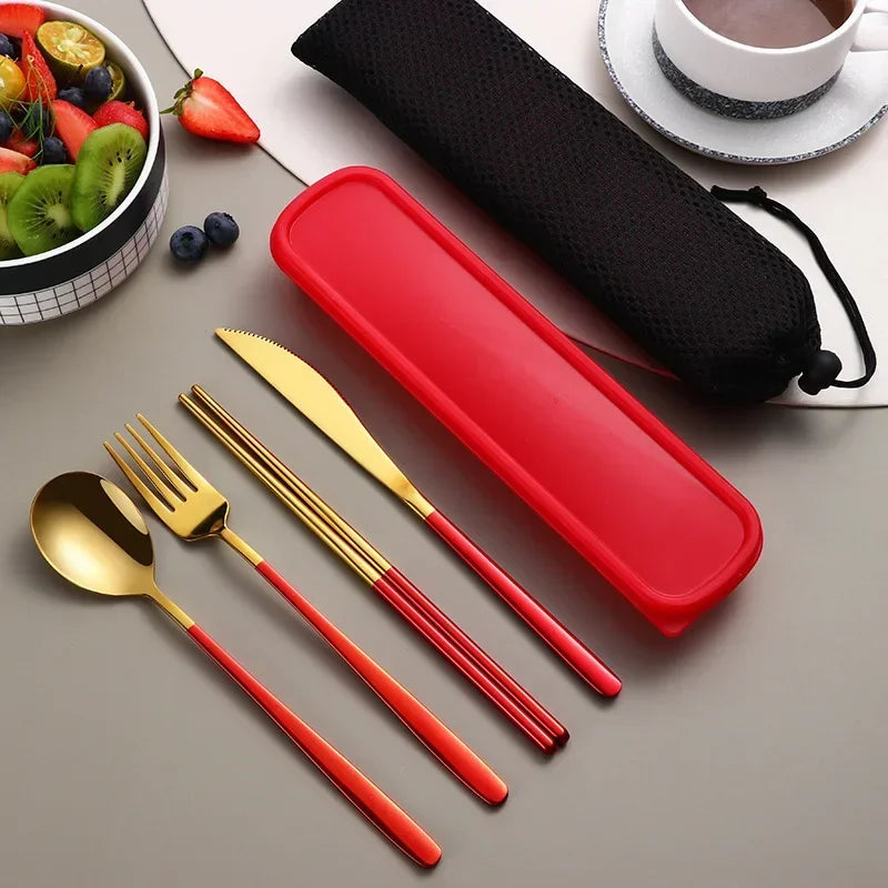 304 Stainless Steel 4-Piece Cutlery Set – Portable Knife, Fork, Spoon & Chopsticks