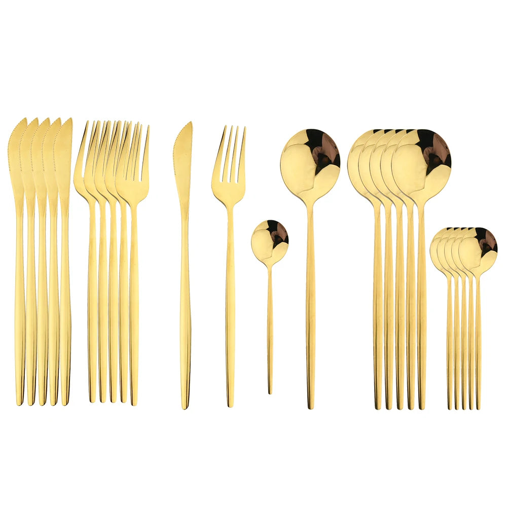 24-Piece Black & Gold Cutlery Set – Stainless Steel Flatware