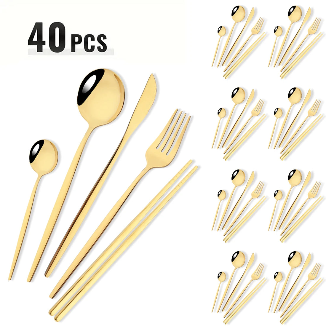 40-Piece Black & Gold Stainless Steel Dinnerware Set – Fork, Knife, Spoon & Chopsticks