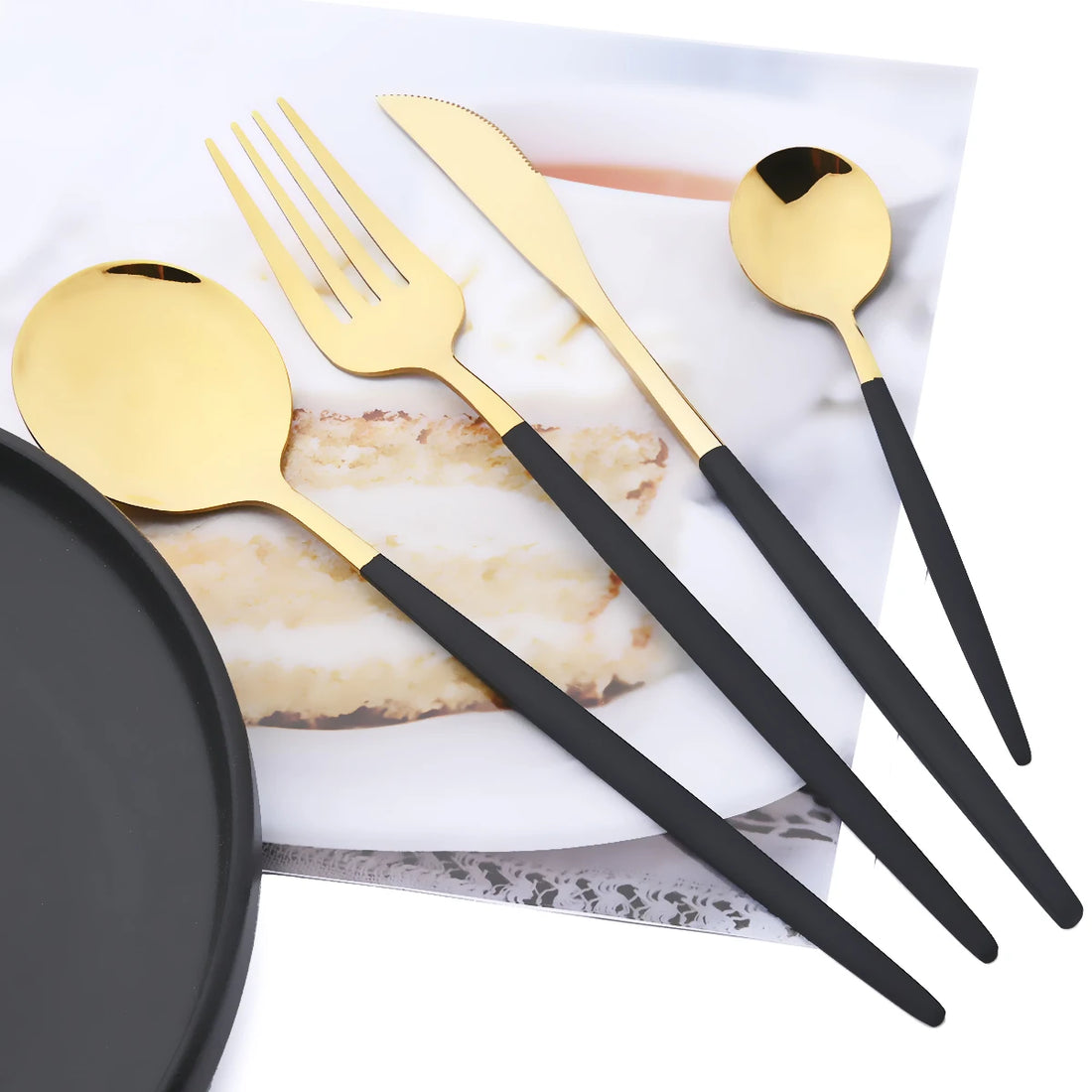 40-Piece Black & Gold Stainless Steel Dinnerware Set – Fork, Knife, Spoon & Chopsticks