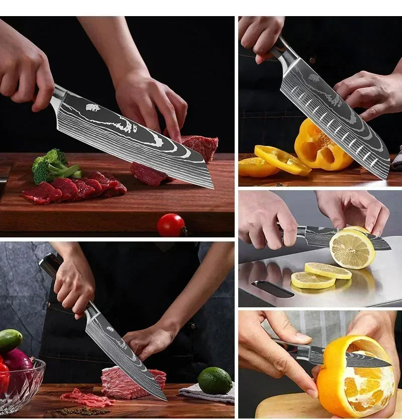 Laser Damascus Kitchen Knife Set – Cleaver, Boning & Scissors
