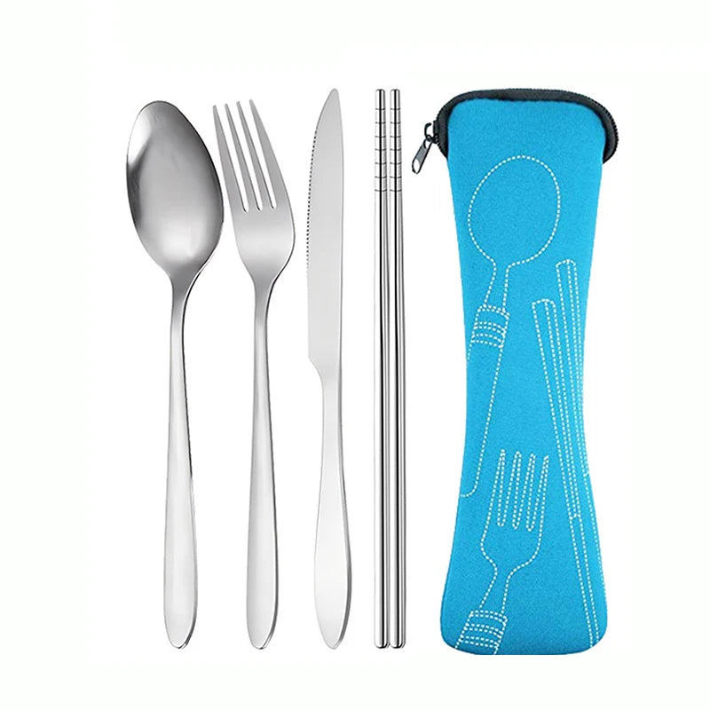 4-Piece Stainless Steel Portable Cutlery Set – Knife, Fork, Spoon & Chopsticks