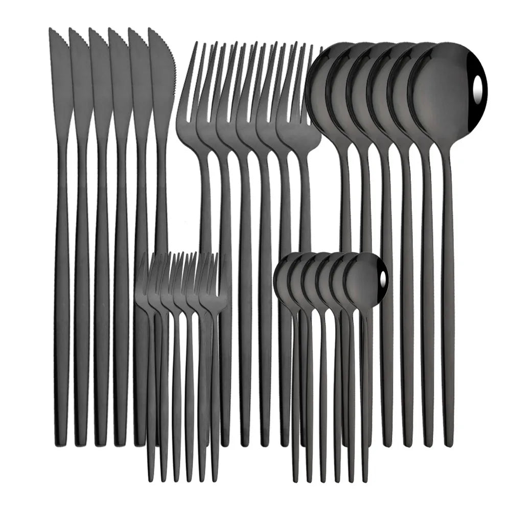 30-Piece Black & Gold Stainless Steel Dinnerware Set – Knife, Fork & Spoon