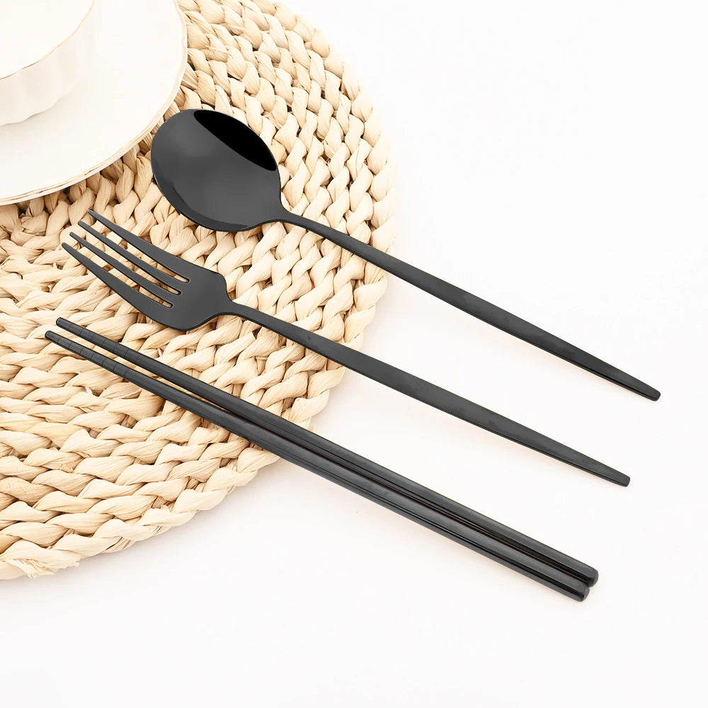 40-Piece Black & Gold Stainless Steel Dinnerware Set – Fork, Knife, Spoon & Chopsticks