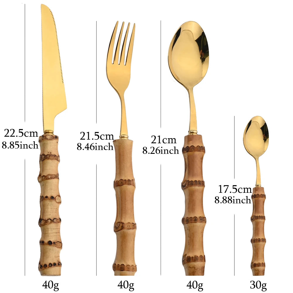 24-Piece Bamboo & Stainless Steel Cutlery Set – Natural Handle Flatware