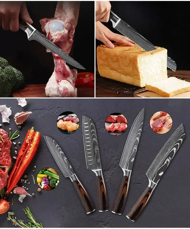 Laser Damascus Kitchen Knife Set – Cleaver, Boning & Scissors