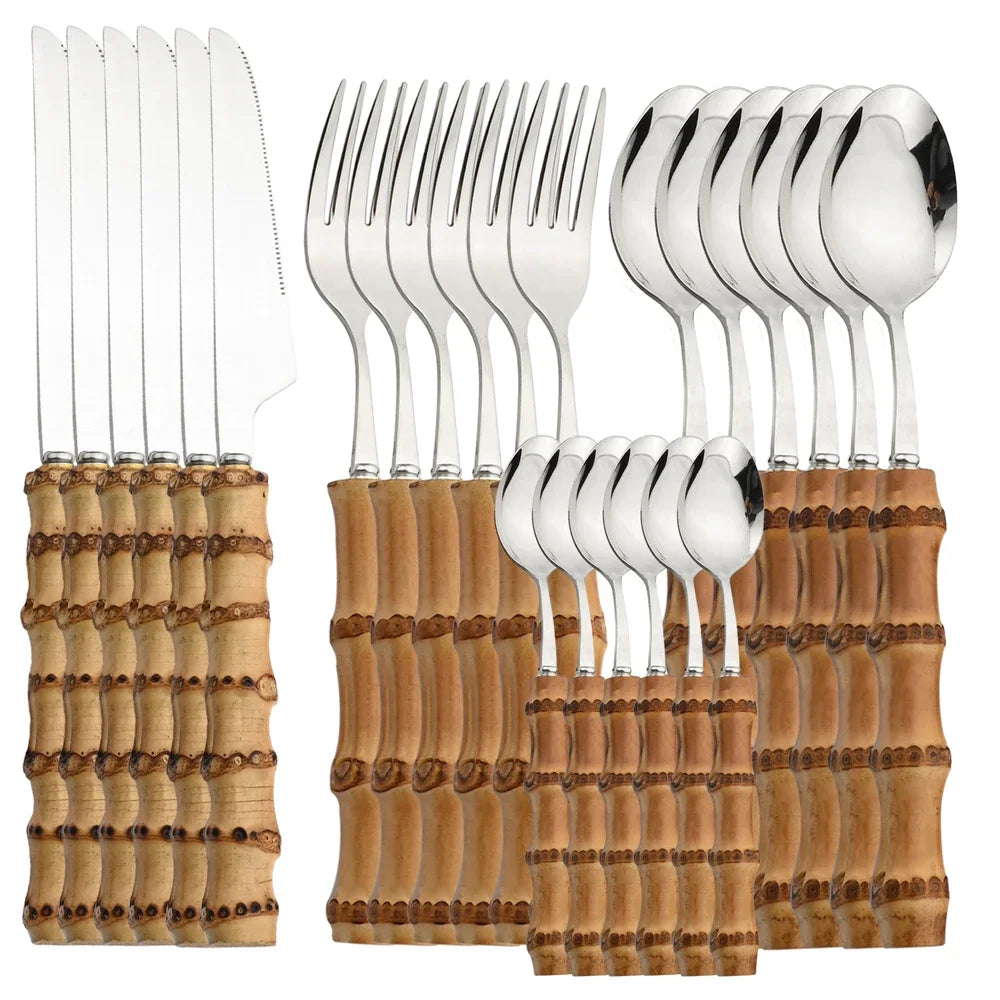 24-Piece Bamboo & Stainless Steel Cutlery Set – Natural Handle Flatware