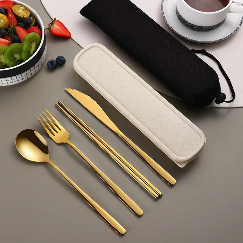 304 Stainless Steel 4-Piece Cutlery Set – Portable Knife, Fork, Spoon & Chopsticks