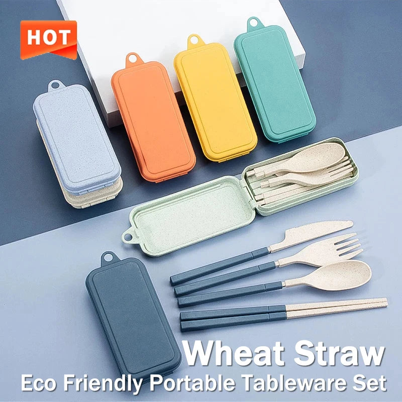 4-Piece Portable Wheat Straw Tableware Set – Travel & Camping