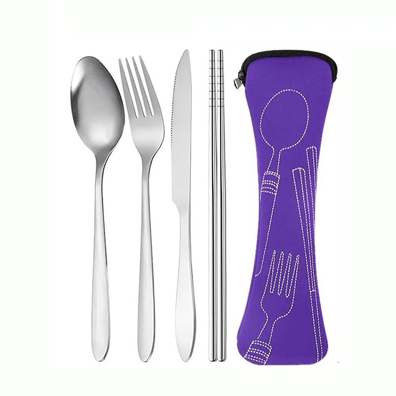 4-Piece Stainless Steel Portable Cutlery Set – Knife, Fork, Spoon & Chopsticks