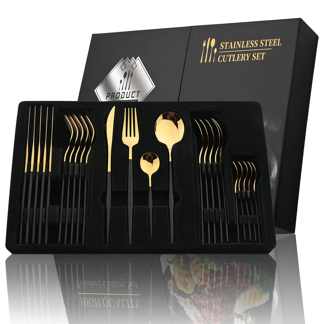 24-Piece Black & Gold Cutlery Set – Stainless Steel Flatware