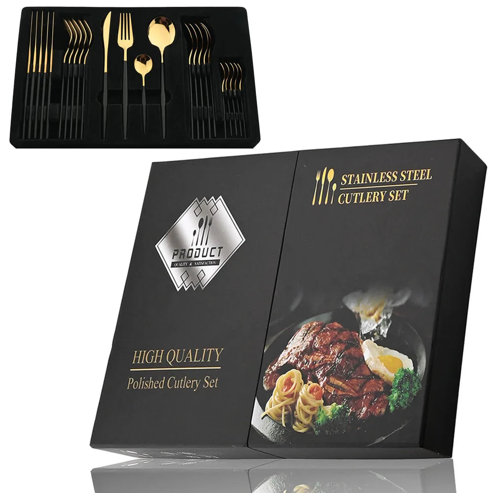 24-Piece Black & Gold Cutlery Set – Stainless Steel Flatware