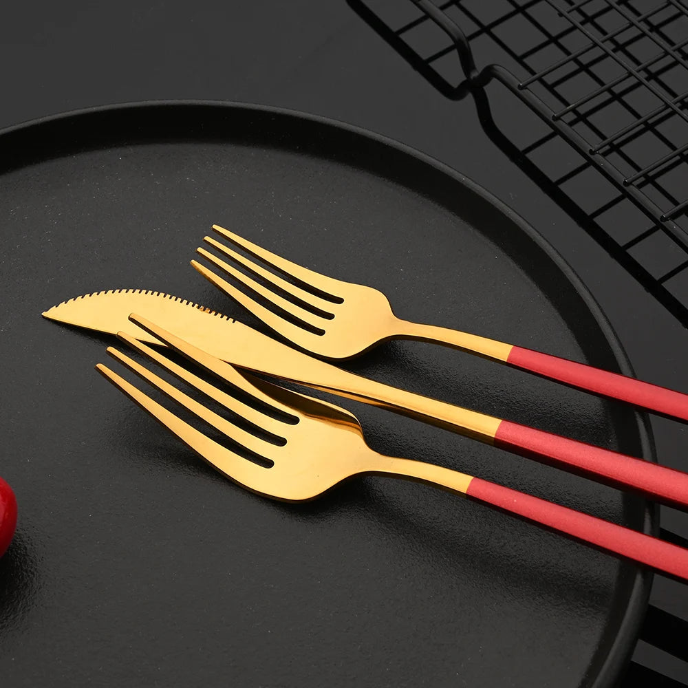 30-Piece Black & Gold Stainless Steel Dinnerware Set – Knife, Fork & Spoon