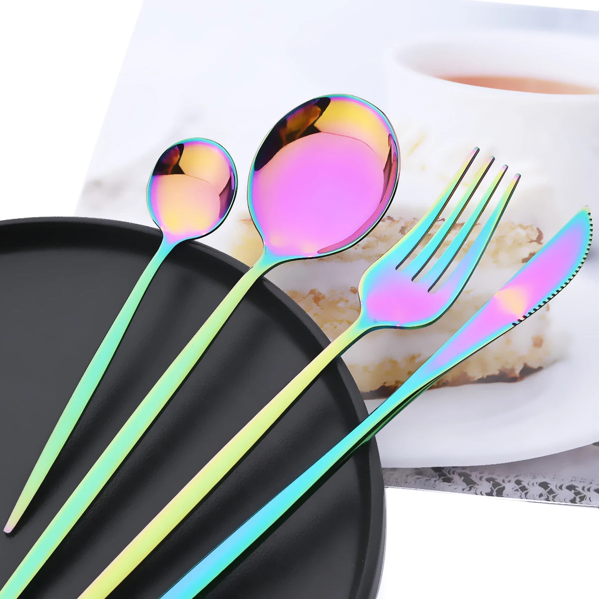 40-Piece Black & Gold Stainless Steel Dinnerware Set – Fork, Knife, Spoon & Chopsticks