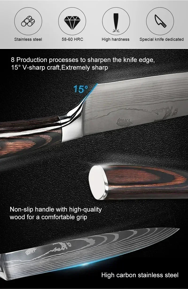 Laser Damascus Kitchen Knife Set – Cleaver, Boning & Scissors