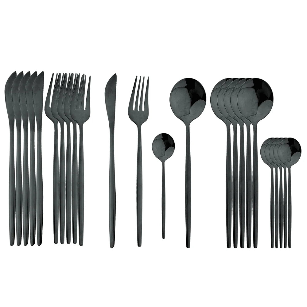 24-Piece Black & Gold Cutlery Set – Stainless Steel Flatware