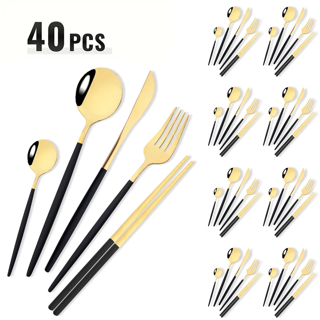 40-Piece Black & Gold Stainless Steel Dinnerware Set – Fork, Knife, Spoon & Chopsticks