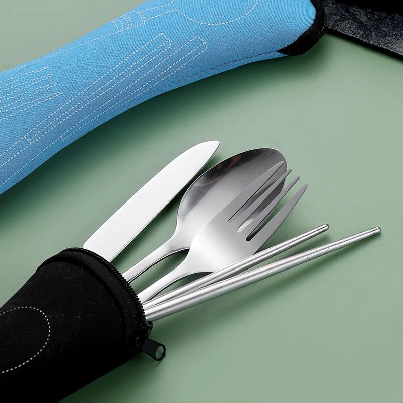 4-Piece Stainless Steel Portable Cutlery Set – Knife, Fork, Spoon & Chopsticks