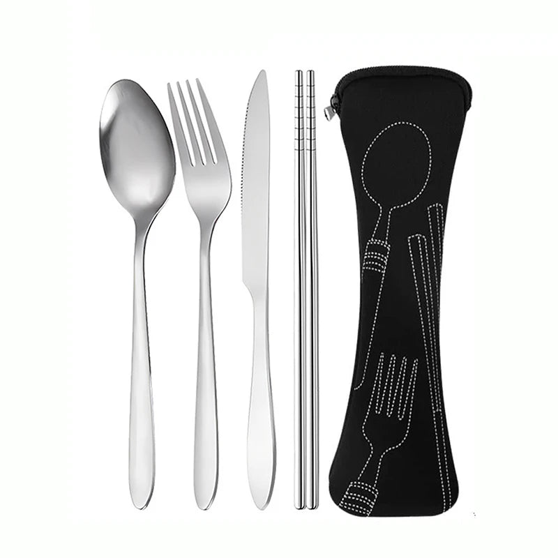 4-Piece Stainless Steel Portable Cutlery Set – Knife, Fork, Spoon & Chopsticks