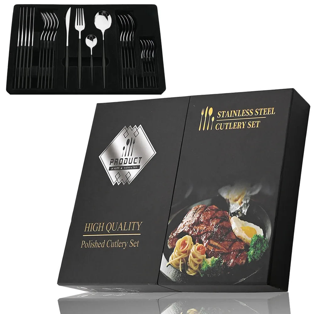 24-Piece Black & Gold Cutlery Set – Stainless Steel Flatware