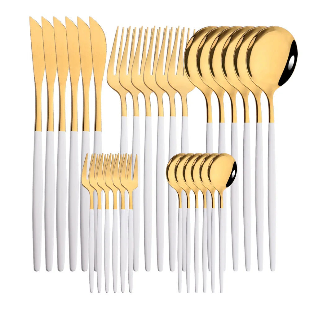 30-Piece Black & Gold Stainless Steel Dinnerware Set – Knife, Fork & Spoon