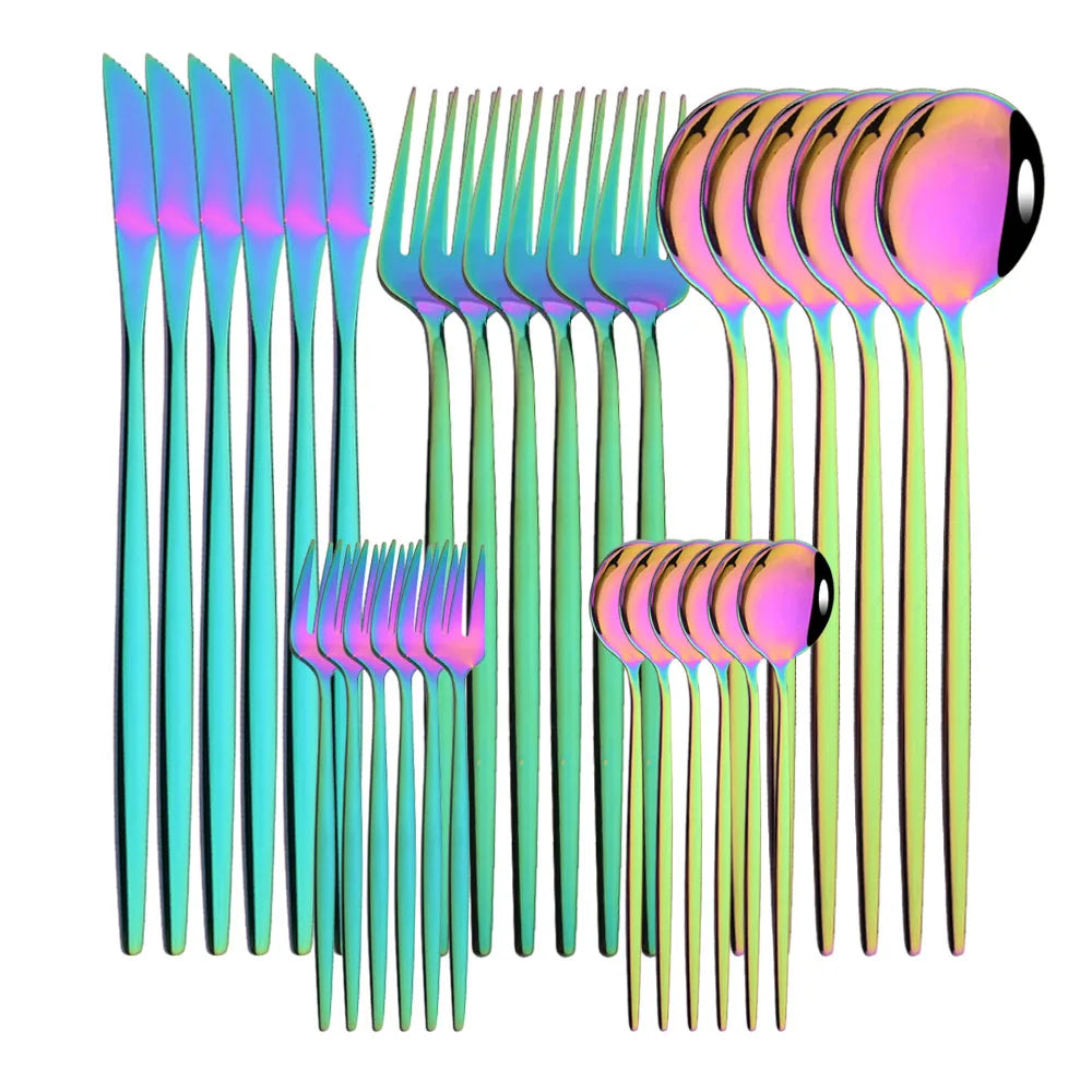 30-Piece Black & Gold Stainless Steel Dinnerware Set – Knife, Fork & Spoon