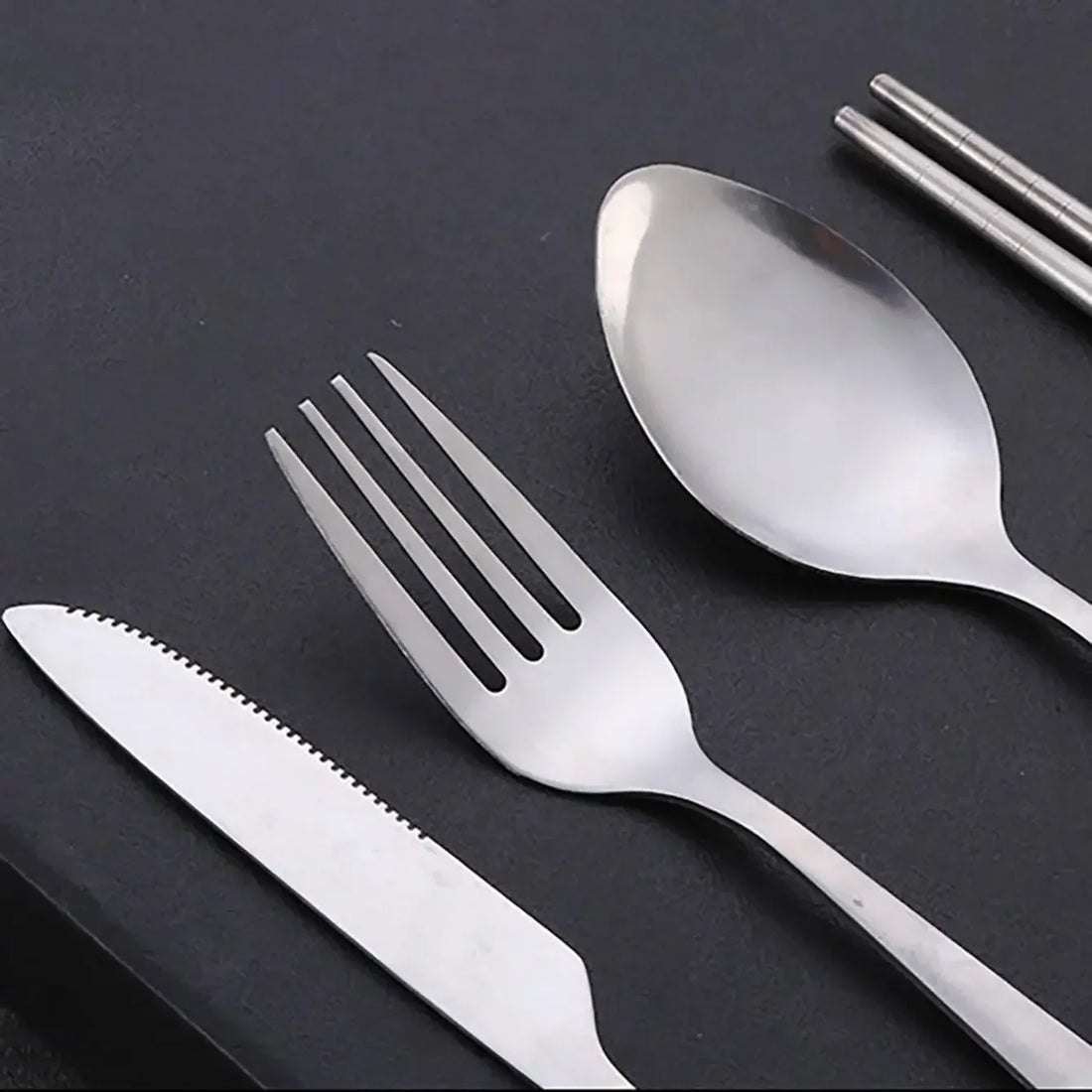4-Piece Stainless Steel Travel Cutlery Set – Chopsticks, Spoon, Fork & Knife