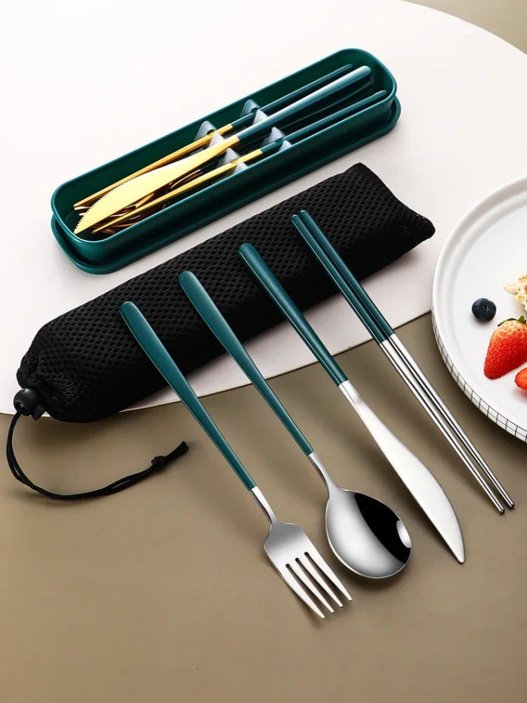304 Stainless Steel 4-Piece Cutlery Set – Portable Knife, Fork, Spoon & Chopsticks