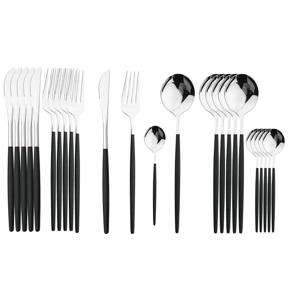 24-Piece Black & Gold Cutlery Set – Stainless Steel Flatware